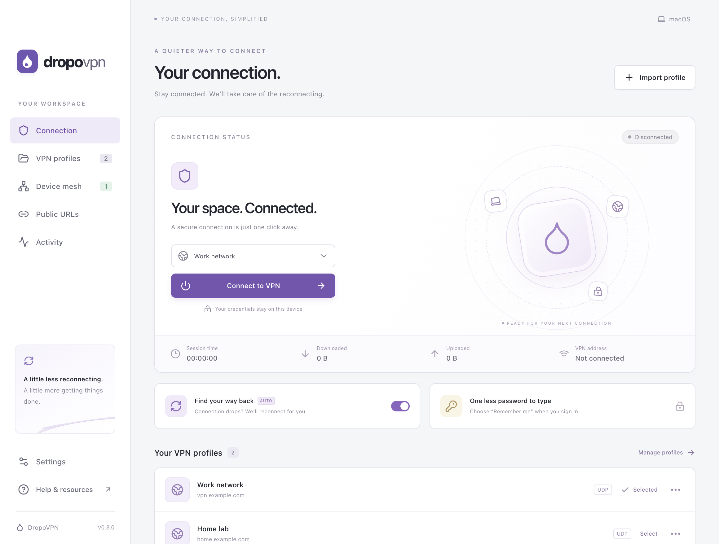 DropoVPN desktop app showing connection controls, automatic reconnection, and two example VPN profiles