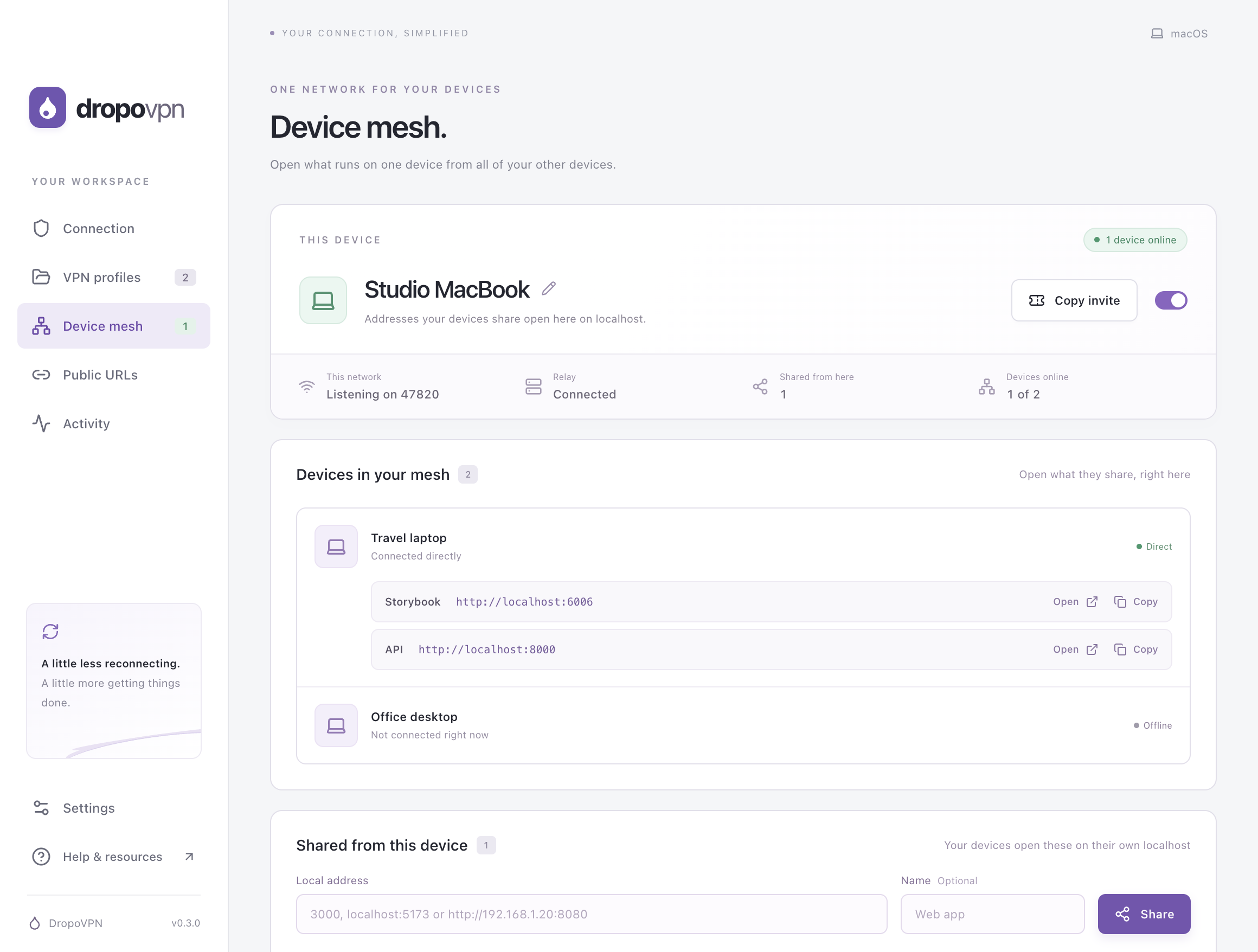 DropoVPN device mesh: Travel laptop connected directly and sharing Storybook and an API on localhost, and Office desktop offline