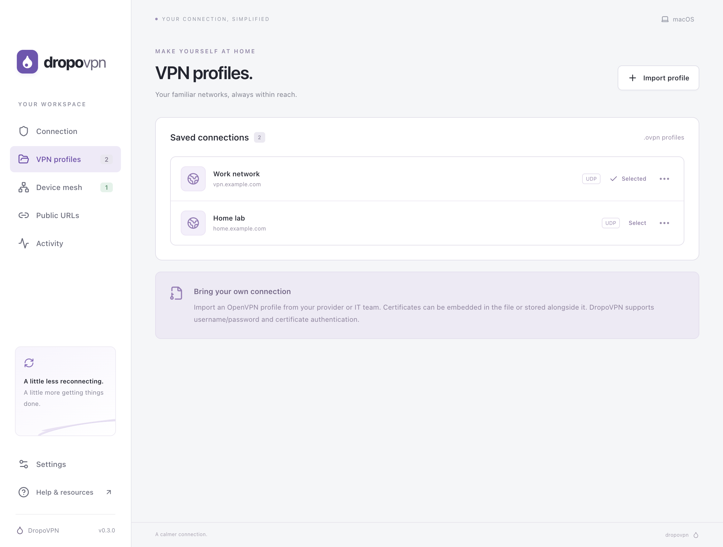 DropoVPN VPN profiles screen with Work network and Home lab example profiles