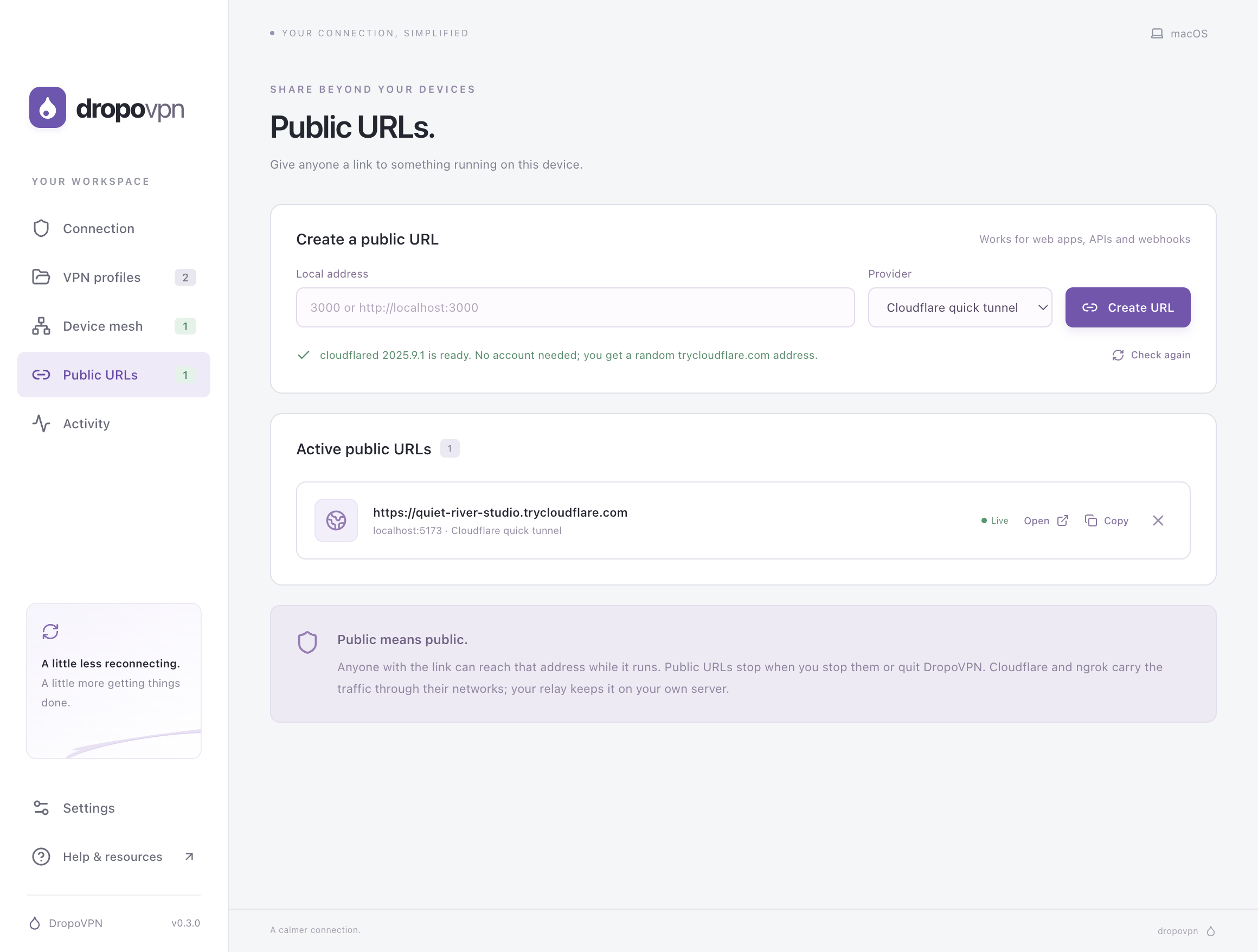 DropoVPN public URLs with a live Cloudflare quick tunnel for localhost:5173