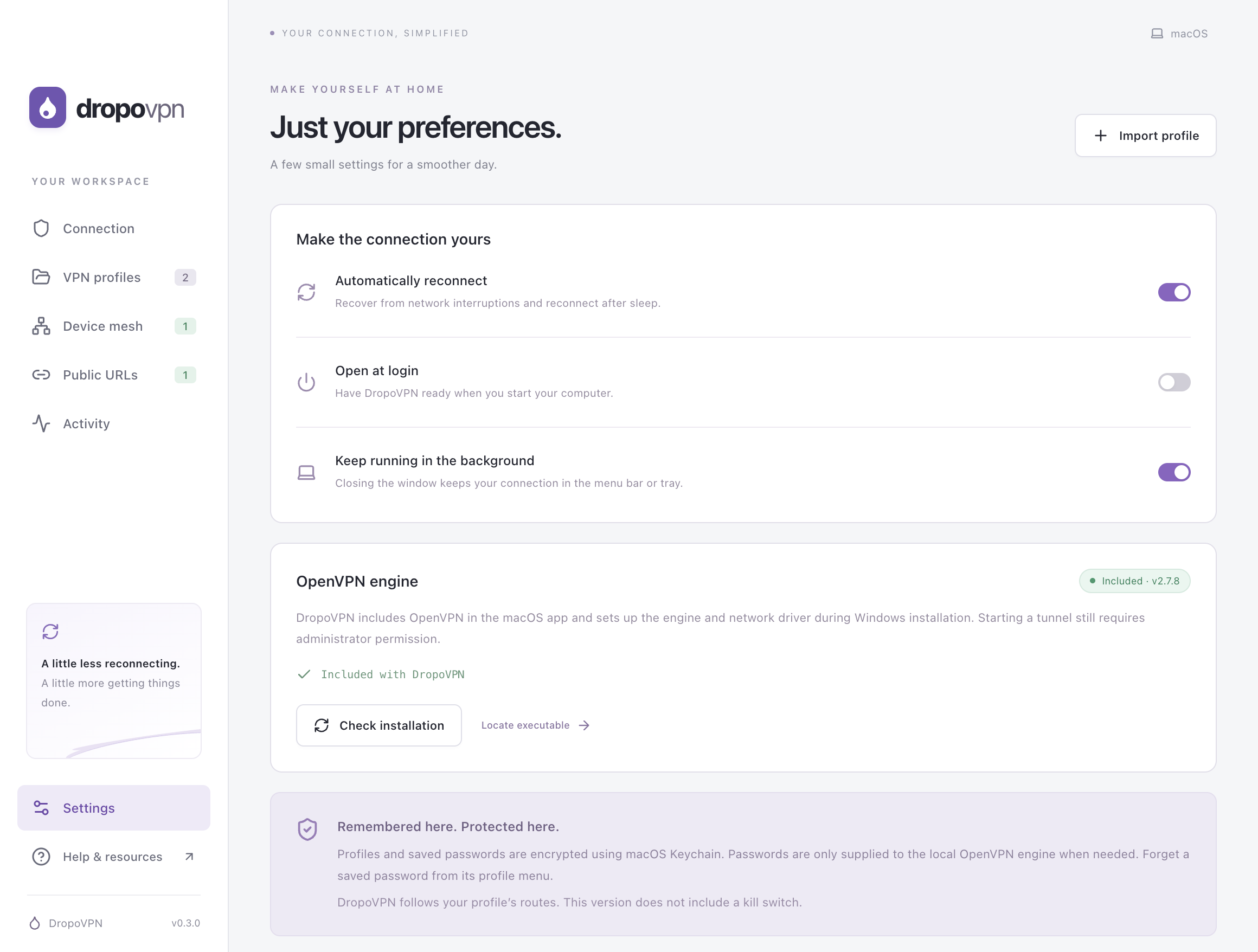 DropoVPN preferences for automatic reconnection, opening at login, and running in the background